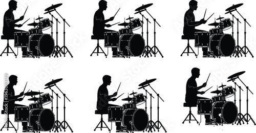 Drummer silhouette set playing drum kit in different positions isolated on white background music performance concept vector illustration collection