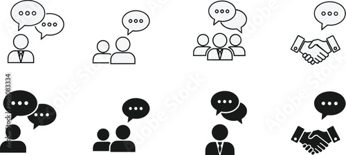 Communication and collaboration icons depicting people talking negotiating and shaking hands high quality professional detailed modern