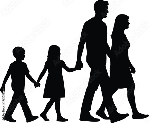Family silhouette illustration parents and children walking together holding hands happy lifestyle concept black vector isolated on white background