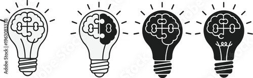 Four lightbulb shaped brains with internal puzzle pieces in varying shades of fill high quality professional