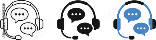 Three variations of a headset with a speech bubble icon illustrating communication concepts high quality professional
