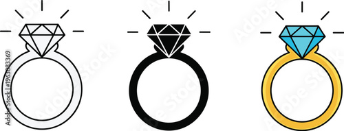 Three diamond rings presented in different color schemes outline black and full color high quality professional