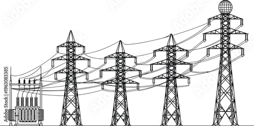 Electric power transmission towers with transformer and high voltage lines isolated on white background energy infrastructure vector illustration design