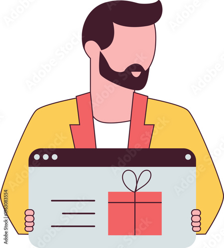 A cheerful character holding a laptop displaying a gift box with a heart sprout growing from it