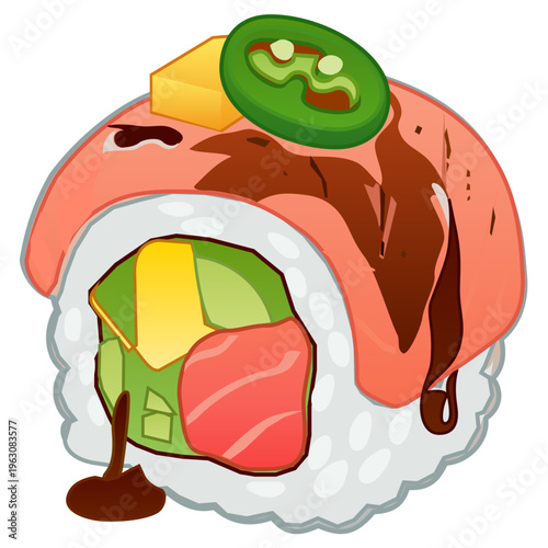 Vibrant Rainbow Sushi Roll with Avocado Salmon and Unagi Drizzle. A colorful and appetizing vector illustration of a classic Rainbow Roll. The image displays a long sushi roll topped 
