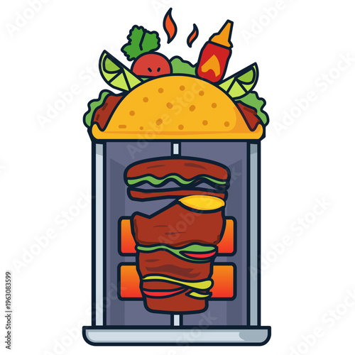 Premium Roasted Doner Kebab Meat Pieces with Gourmet Herb Garnish and Spices. A high-quality, professional vector illustration showcasing a heap of succulent, perfectly roasted doner kebab meat slices