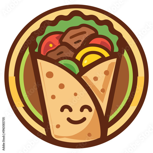 Happy Doner Kebab Character in Circular Badge Logo Design. A professional vector logo design featuring a charming, winking doner kebab character enclosed within a multi-layered circular badge. 