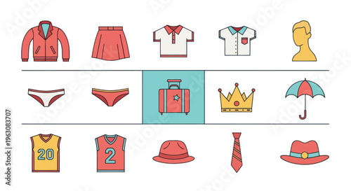 Colorful clothing and accessories icons.