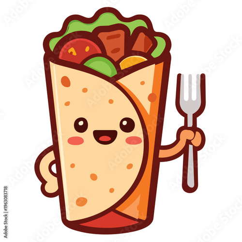 Cute Smiling Doner Kebab Cartoon Character Mascot Holding Silver Fork. A high-quality vector illustration of a friendly, anthropomorphic doner kebab wrap character. This cute mascot features a joyful 