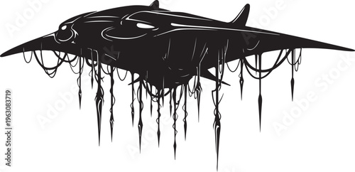 Black silhouette of a shark with tentacles hanging from its body