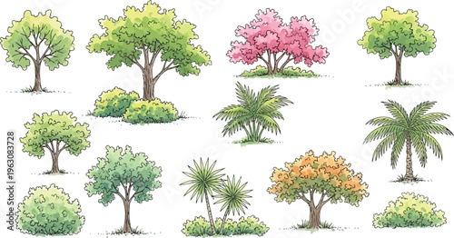 A collection of hand-drawn watercolor trees and bushes, featuring various types like deciduous and palm trees in different colors, isolated on white.