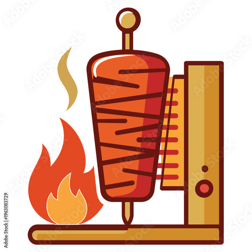 Professional Vertical Doner Kebab Rotisserie Grill with Flames and Aroma. A detailed vector illustration of a traditional vertical rotisserie grill machine, a staple of Middle Eastern and Turkish 