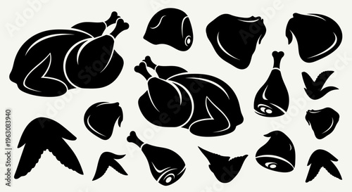 Silhouettes of whole roasted chickens and various cuts of poultry meat.