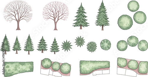 Architectural Landscape Design Elements Featuring Diverse Trees, Bushes, and Hedges in Top-Down and Elevation Views, Isolated on White.