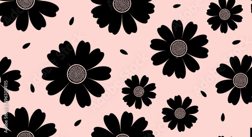Black cosmos flowers with a white center on a pink background.