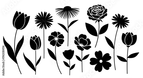 Collection of various flower silhouettes in black and white.