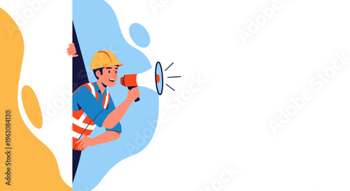 Man wearing yellow hard hat holding megaphone.