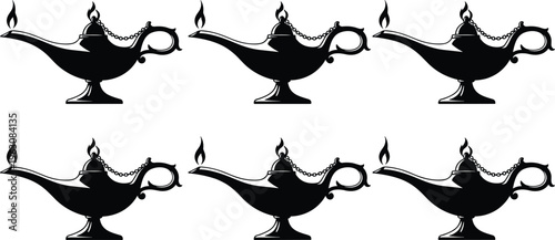 Traditional oil lamp silhouette, Aladdin inspired genie lamp, magical folklore symbol, wish fulfillment mythology, flat vector illustration, black decorative fantasy art