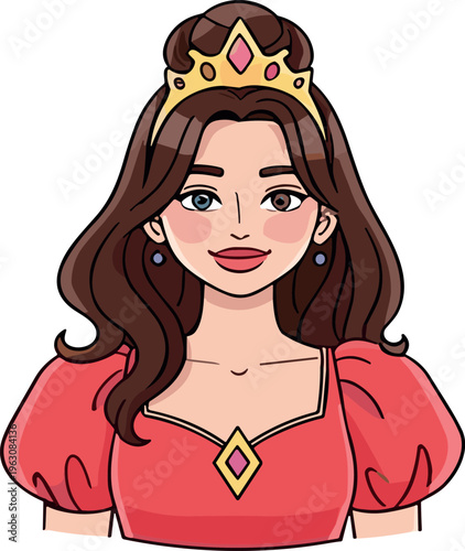 Princess portrait with crown elegant female cartoon character royal beauty vector illustration
