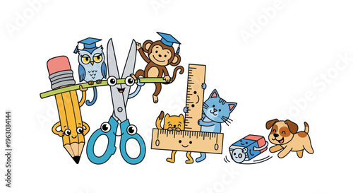 School supplies with cute cartoon animals.