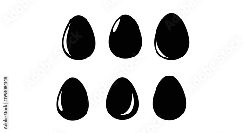 Six black egg silhouettes with varying highlights on a white background.