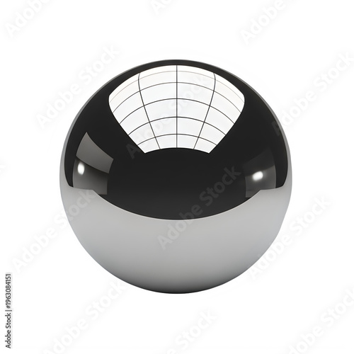 A smooth polished metal sphere reflecting a grid pattern on its curved surface creating an elegant and modern visual effect isolated on transparent background