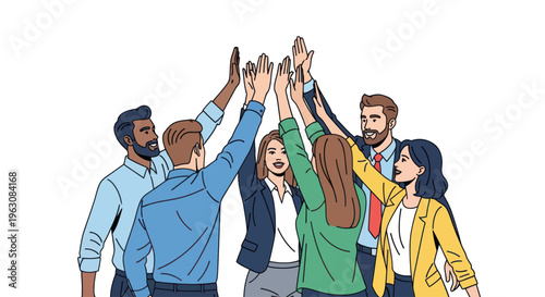 Diverse group of people high fiving.