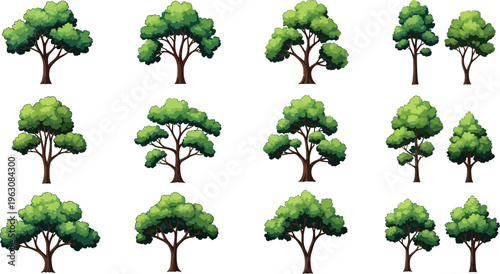 A diverse collection of cartoon trees with vibrant green leaves and sturdy brown trunks on a white background