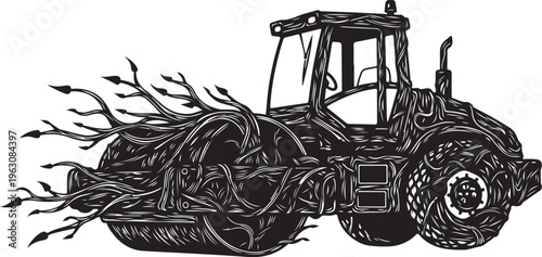 Black silhouette of a tractor pulling a root remover