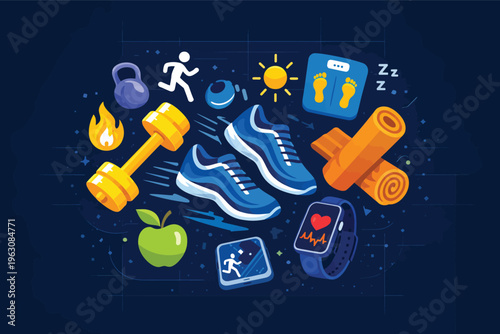 Fitness lifestyle vector illustration, gym equipment and healthy habits icons, workout gear on dark blue background