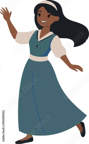 Young woman waving hand cartoon character in vintage dress friendly female vector illustration
