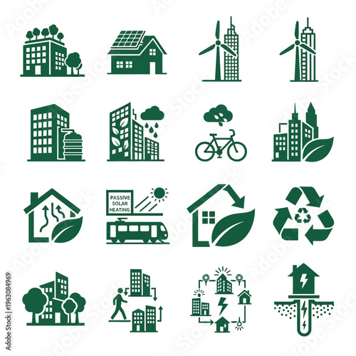 Green eco friendly building and sustainable city icons