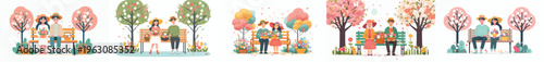 vector couple sitting together on park bench with basket of flowers in spring