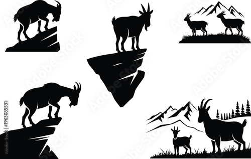 Mountain Goat Silhouette Set Featuring Ibex on Cliffs Alpine Peaks Forest Landscapes and Wild Animal Graphics for Outdoor Adventure Branding Hiking Gear and Nature Conservation