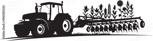Black silhouette of tractor plowing through field with plants