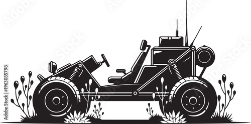 Black silhouette of vintage military jeep with antennae and spare tire