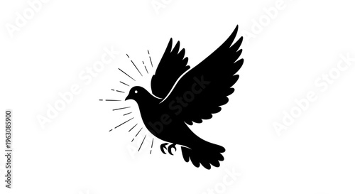 Black silhouette of a dove in flight with radiating lines.
