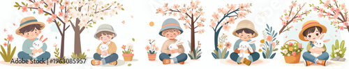 vector of little boy sitting outside hugging rabbit in spring