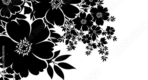 Elegant Black and White Floral Design with Detailed Petals and Leaves.