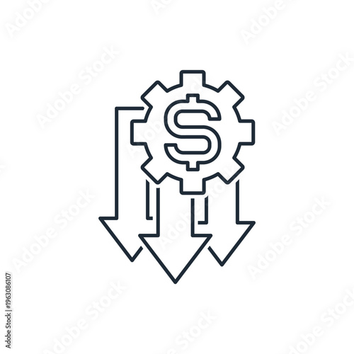 Mechanism with dollar and movement arrows. Financial process.Vector linear icon illustration isolated on white background. 