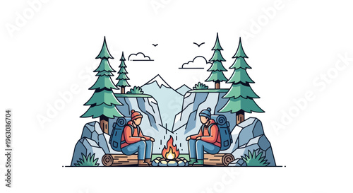 People sitting around campfire in woods.