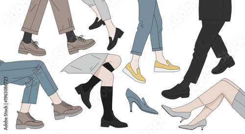 People walking in various shoes fast.