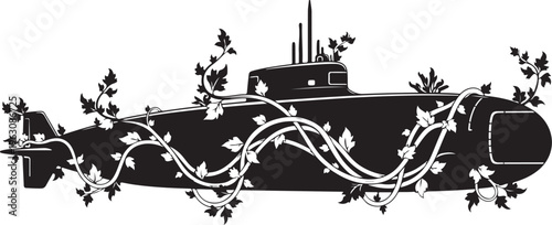 Black submarine covered with vines and leaves white background