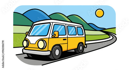 Yellow Van on a Winding Road.