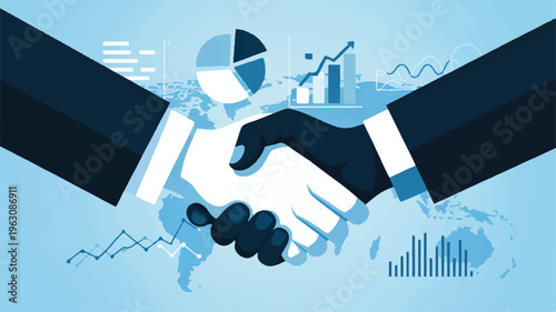 Business partnership handshake illustration with charts and graphs signifying global cooperation and financial success