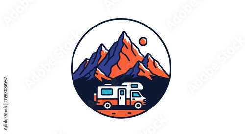 Colorful camper van on mountain road.