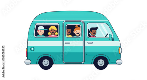 Teal Van with Smiling Family Inside.