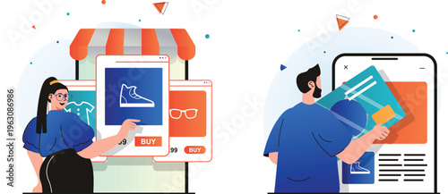 People shopping online for shoes and glasses through mobile devices in a cheerful digital storefront setting