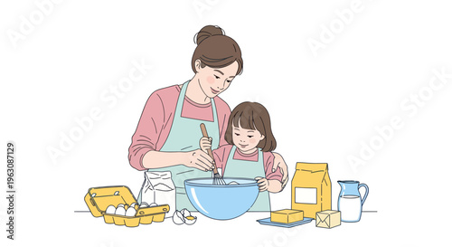 Woman and girl baking together sweet.