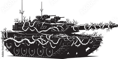 Black tank covered in barbed wire and thorns military vehicle